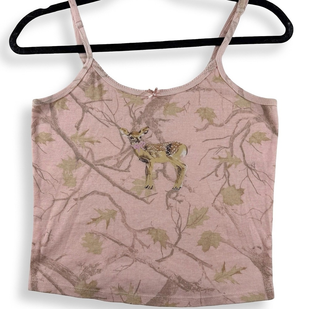 Social Scene Pink Woodland Camo Deer Fawn Cami Tank Top Medium
